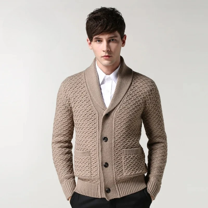 

Мужской осенний кардиган, свитер с отложным воротником, однобортный вязаный джемпер с длинным рукавом, однотонный свободный крой, карманы на пуговицах, повседневный