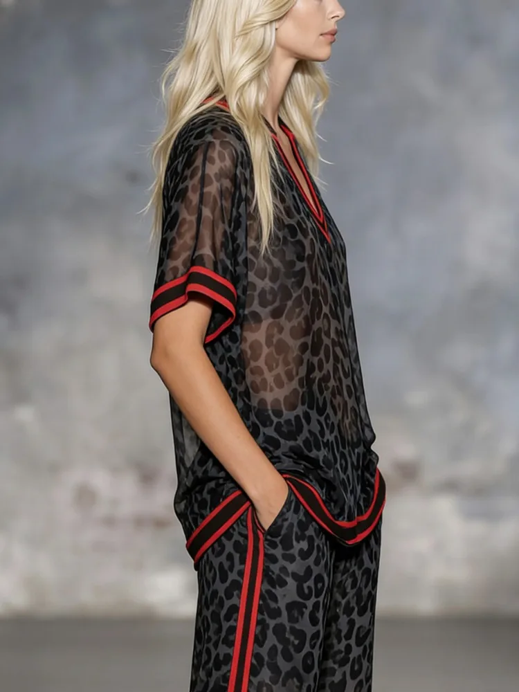 Bonboho Women's Dark Grey Leopard Print Contrast Red Trim Polo T-Shirt Casual Short Sleeve Sheer Loose Summer Streetwear Top