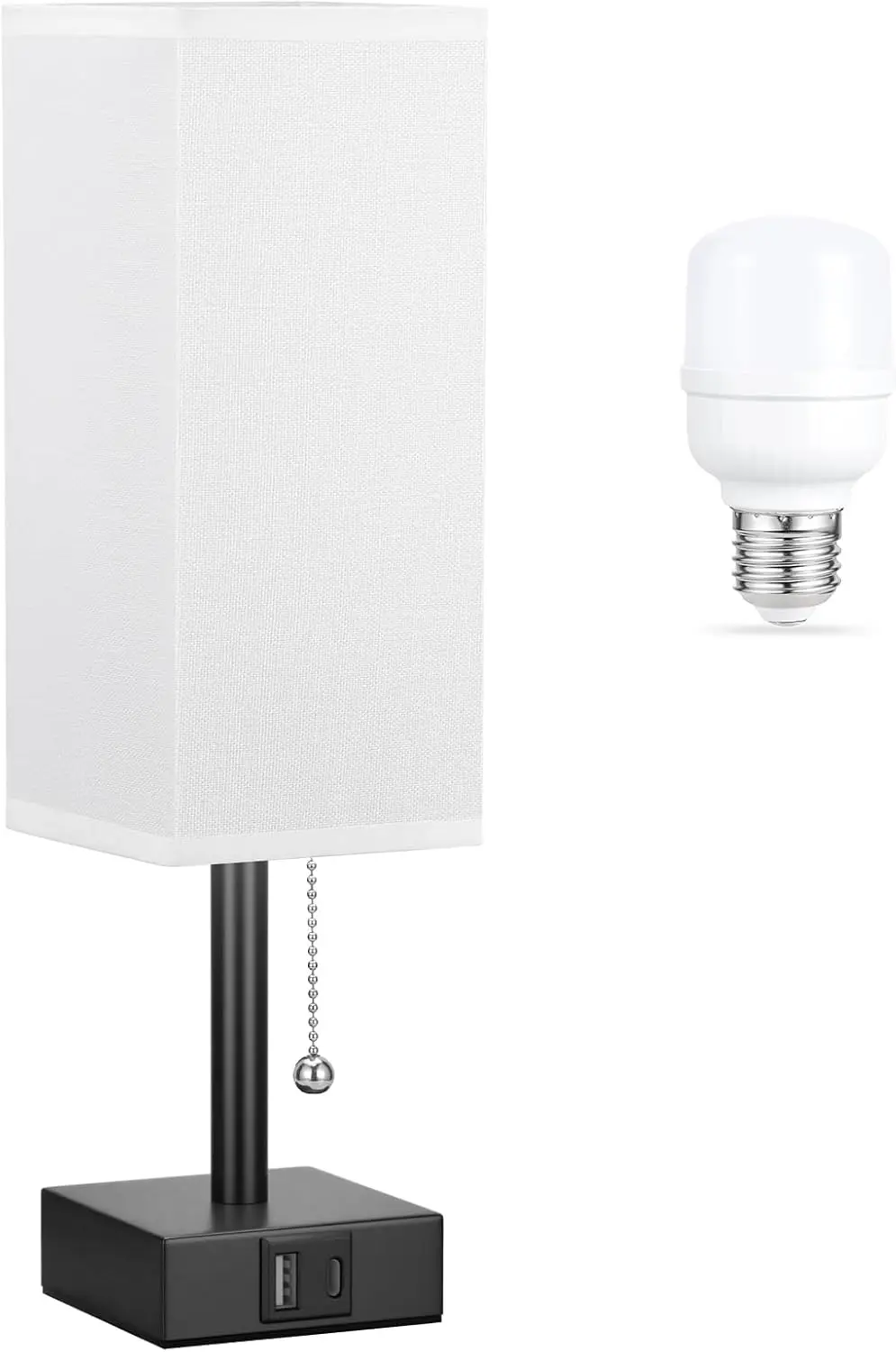 

3-Color Bedside Lamp with USB Charging, Pull Chain, Black Base