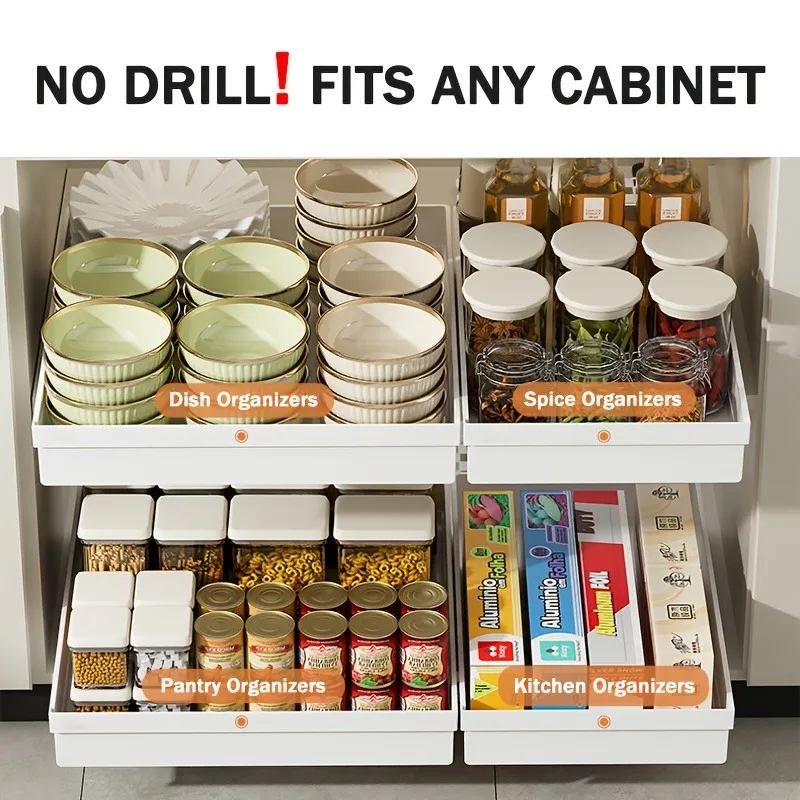 Bandeja mágica sem perfuração Organizador deslizante para serviço pesado para gabinetes/dentes. Fácil instalação, enorme economizador de espaço! Perfeito para casas pequenas