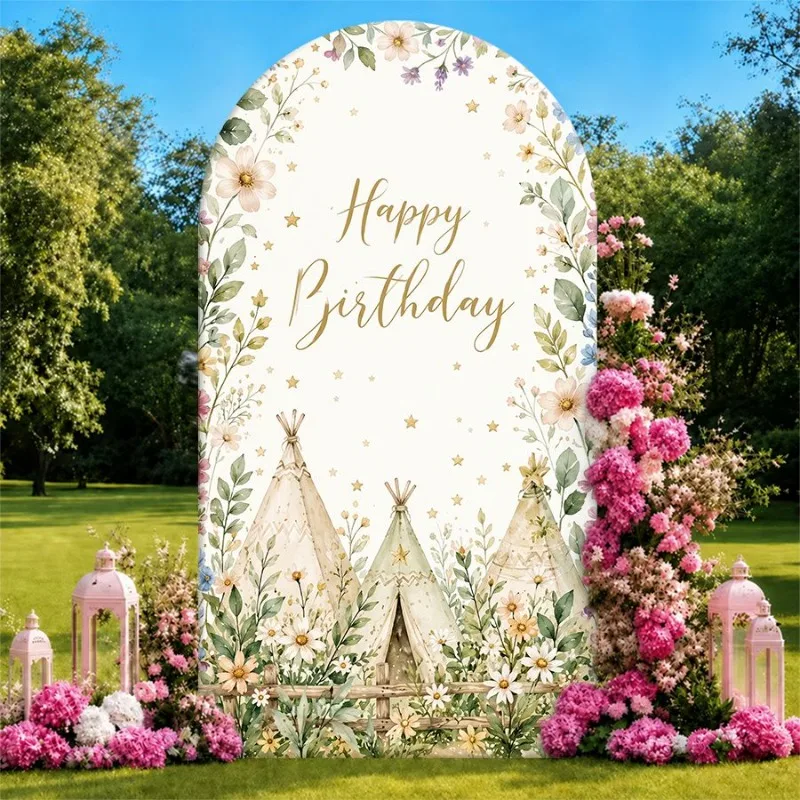 

Single Side Arch Backdrop Cover Happy Birthday Floral Teepee Theme Backdrop for Party Decor with Golden Script and Wildflower