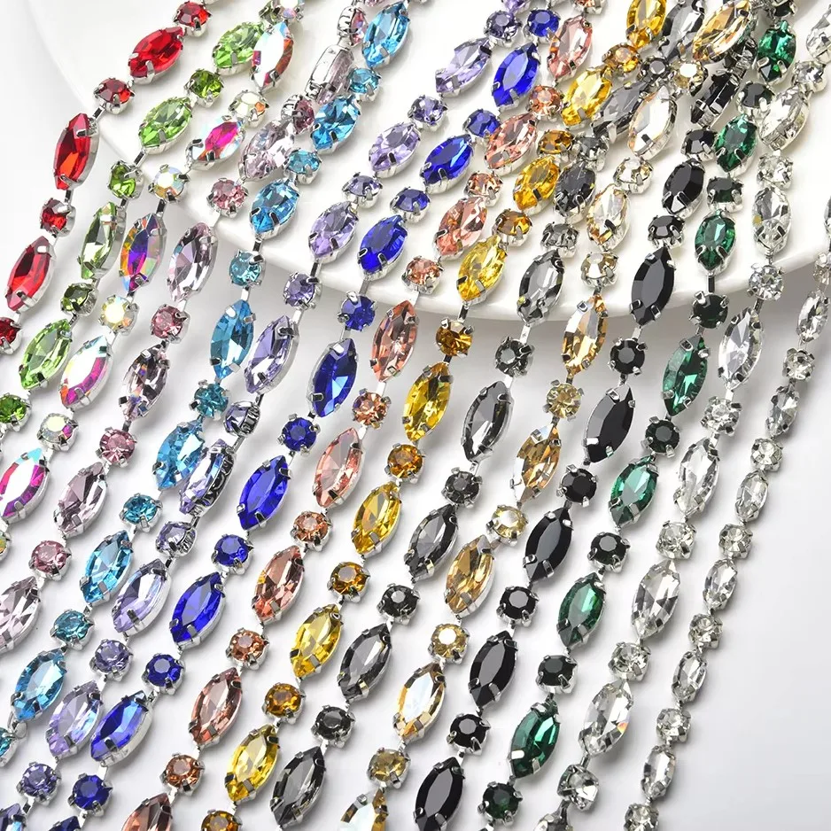 

1 Yard Marquise Rhinestone Trim Colored Leaf Crystal Chain Appliqué Shimmering For Sewing On Collars Bridal Shoes Accessories