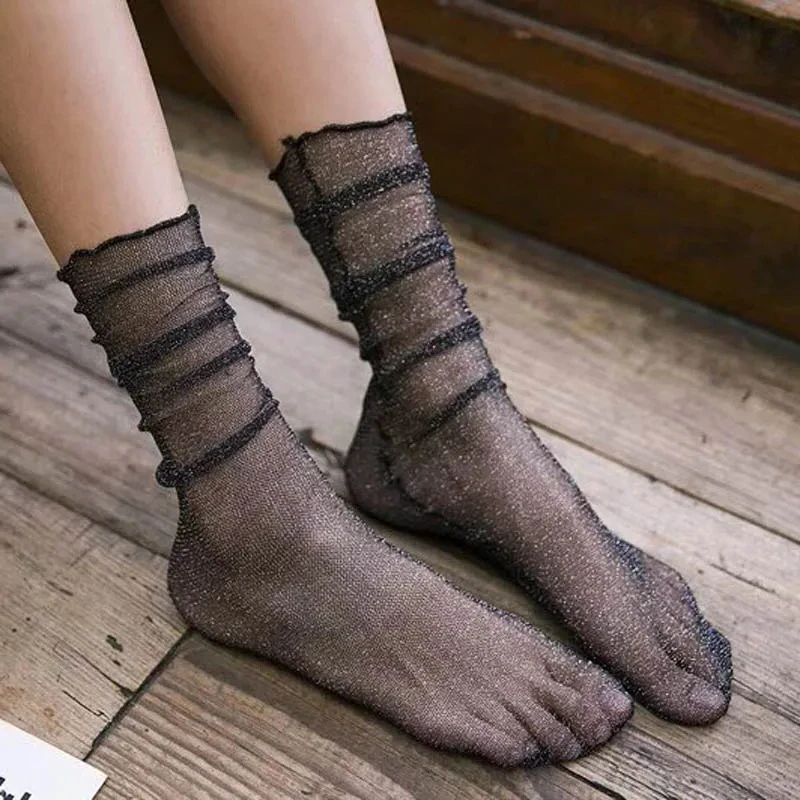 New Women's Fashion Sexy Charming Transparent Thin Light Gold Silver Glitter Stockings Loose Socks