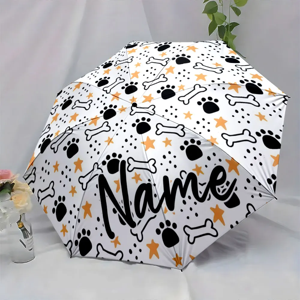 Custom Name Patterned Umbrella with Paw and Bone Design 8 Iron Ribs Folding Umbrella Auto-Open Fashionable Sunshade Deluxe Gift