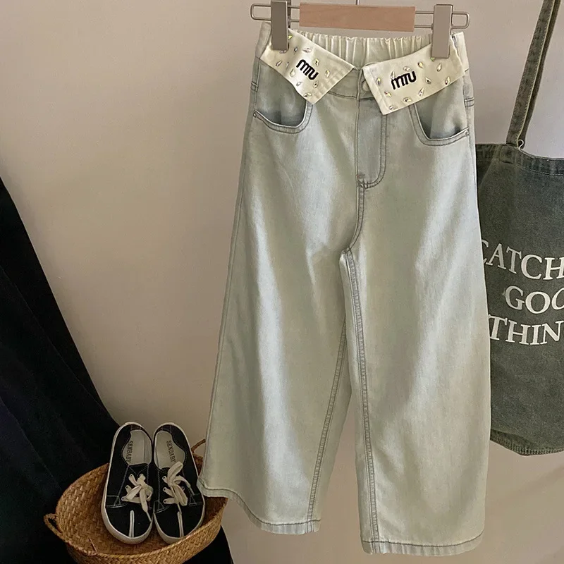 

Корейский комплект для девочек, новинка лета 2021, вязаный жилет без рукавов, стильные джинсы с фланцами и бриллиантами, детская одежда для девочек