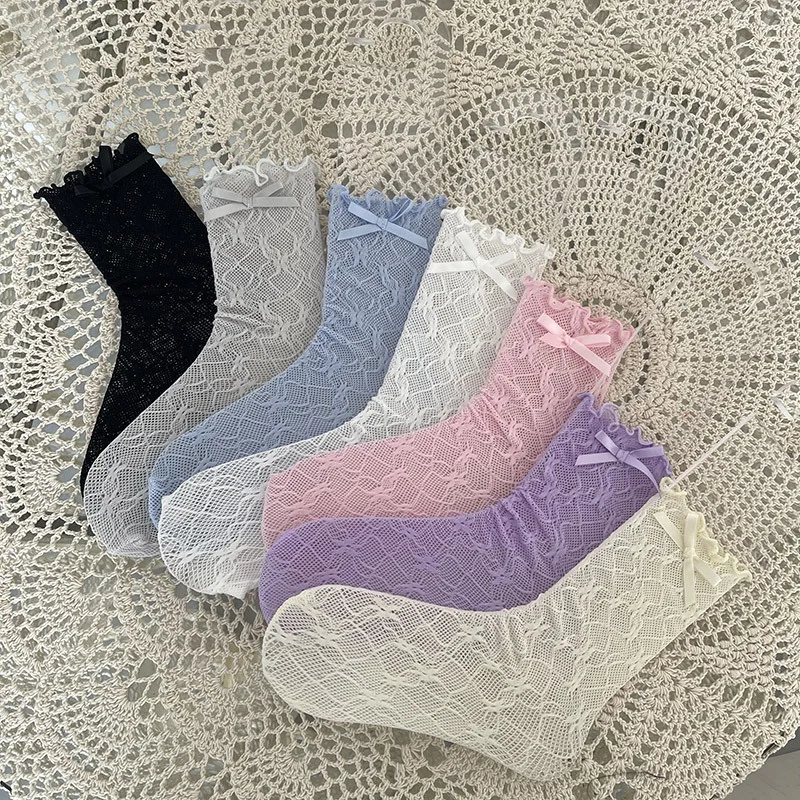 

Women Korean Fashion Mesh Fishnet Lace Candy Colors JK Socks 2023 New in Lolita Bow Sweet Girls Kawaii Cute Frilly Stockings