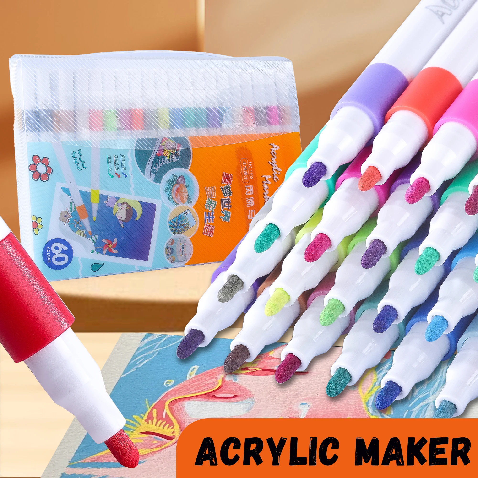 12-60 Colors Acrylic Markers Pen Set Paint Art Marker Soft Tip Pen for Student Stone Paint Ceramic Glass Wood Fabric Painting