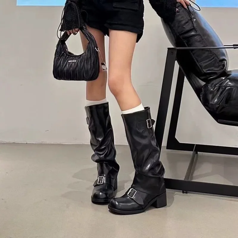 

Woman's Boots Knee High Chunky Heels Platform Boots Trend Punk Gothic Rock Boot Belt Buckle Women Leather Boots Botas Para Mujer