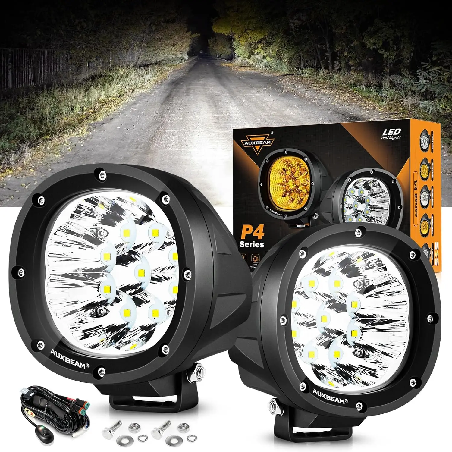 Luzes LED Offroad redondas com kit de cablagem, super brilhante condução Pod, mancha branca, 4in, 90W, 9000LM, 2PCs