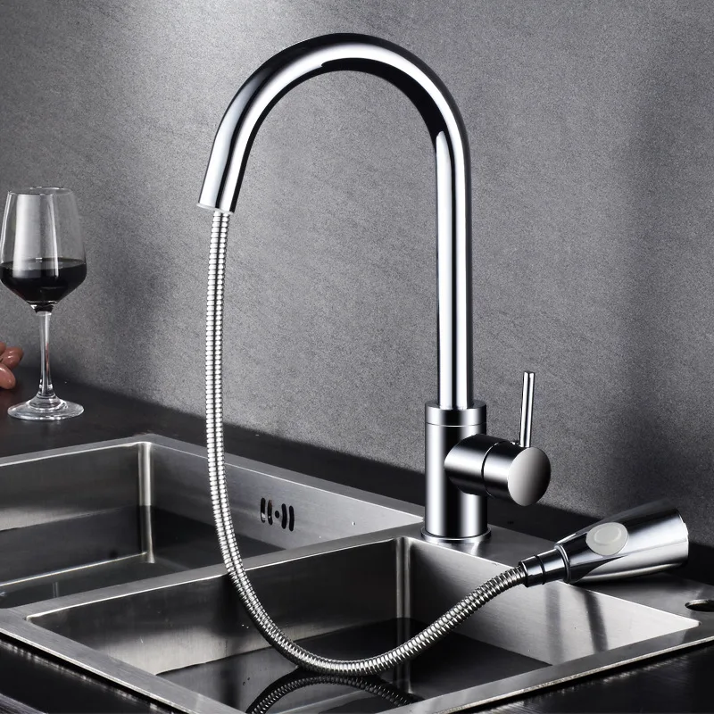 Nordic all copper black pull-out kitchen faucet vegetable washing basin water sink dishwashing sink splash-proof Faucet