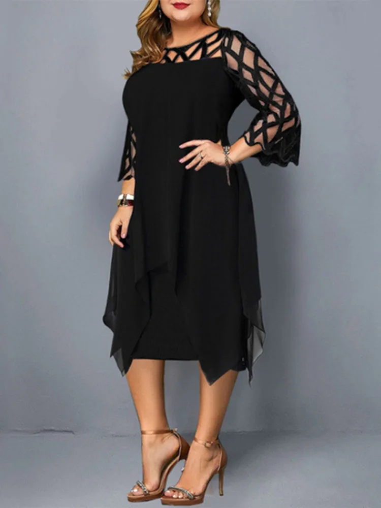 Sexy Women'S Clothing Evening Dresses Xxl O Neck Lace Sleeve Hollow Out Solid 2024 Elegant Midi Party Dress For Chubby Women