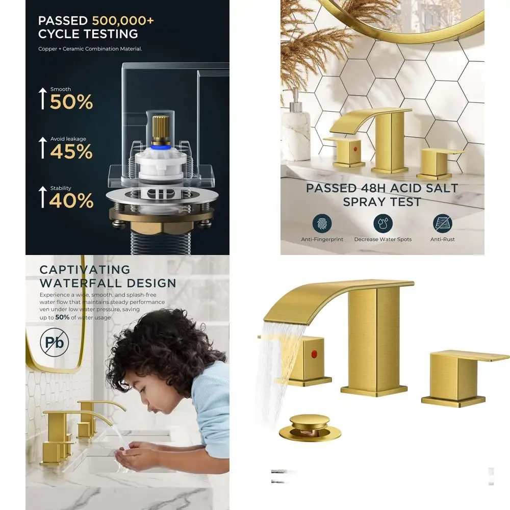 

3 Hole Brushed Gold Widespread 8 Waterfall Square Bathroom Sink Faucet with Pop-Up Drain and Supply Lines, Dual Handle for Vanit