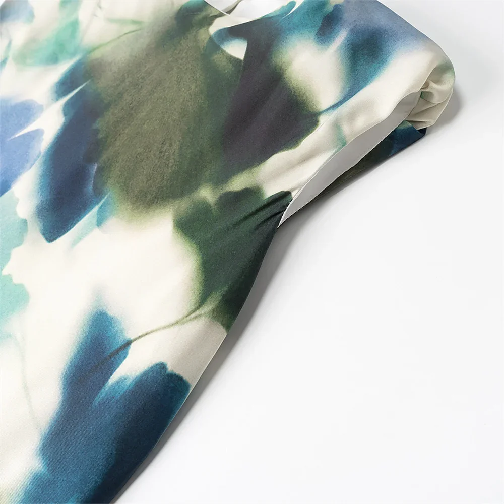 レディース サテンテクスチャプリント ミディドレス ラウンドネック ノースリーブ ショルダーパッド バックスリット 隠しボタン Aラインドレス 春夏 新作 女性用 シック トップス