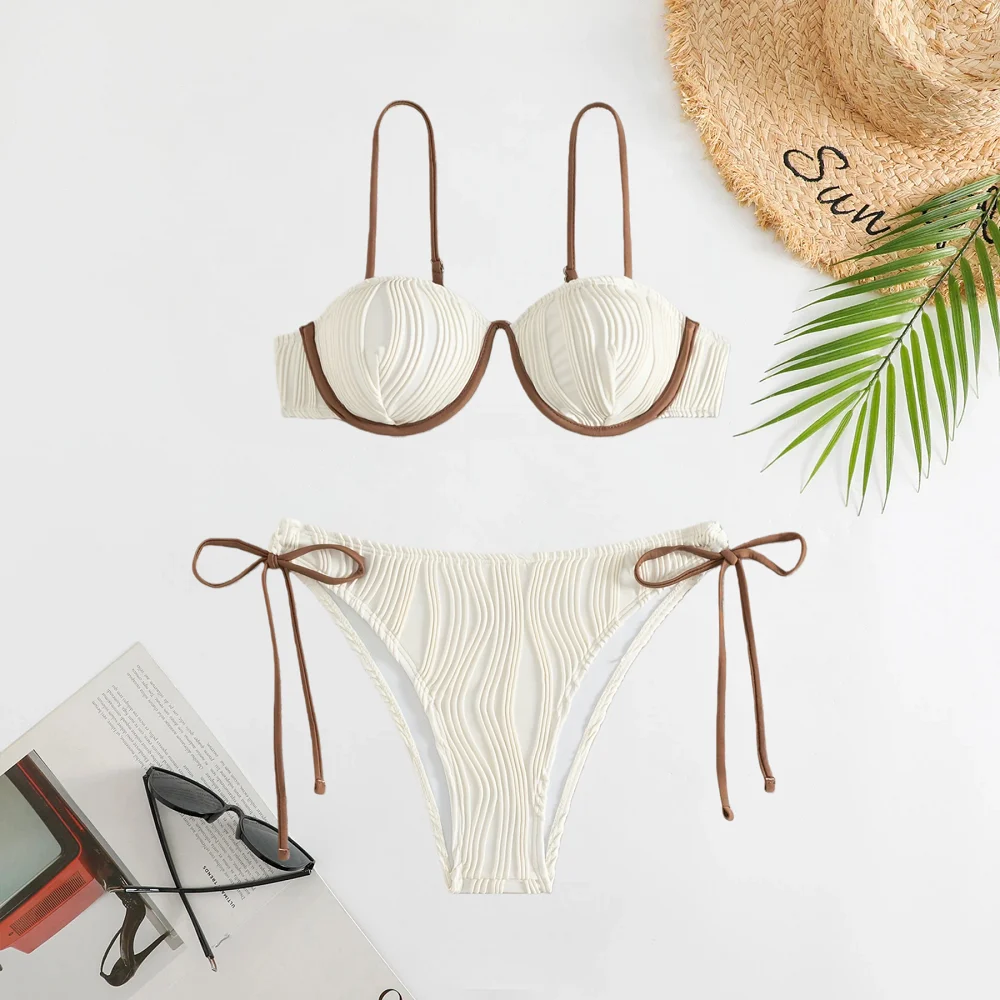 

2025 Women's Beige and Brown Color Block Ribbed Bikini Set, Adjustable Tie Triangle Bottom, Sexy Beach Swimsuit