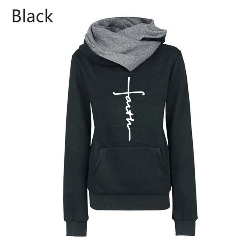 Autumn And Winter Fashion Faith Print Hoodies Lapel High Collar Long Sleeve Hooded Sweatshirts Casual Pullover Tops Sweater