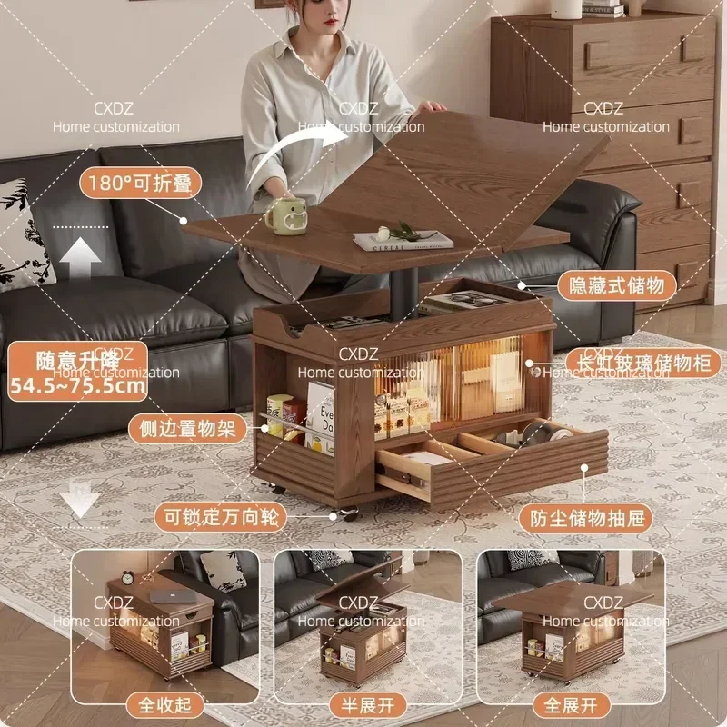 Solid Wood Folding Coffee Table Lift Top Small Apartment Living Room Multi Functional Sofa Side Cabinet Mobile Tea Table