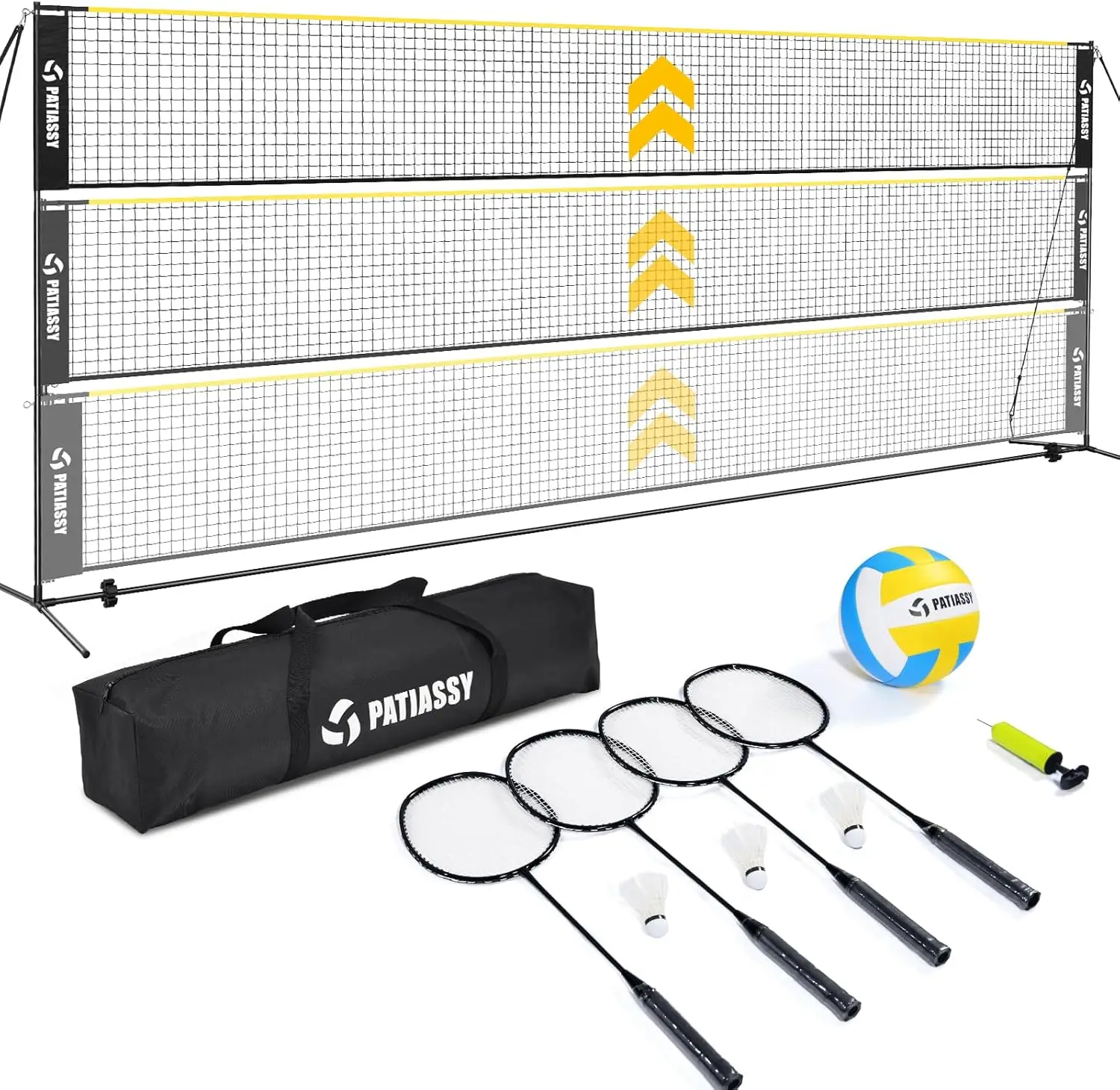 

Adjustable 3-in-1 Sports Net Set for Volleyball, Badminton, Pickleball with Rackets and Balls