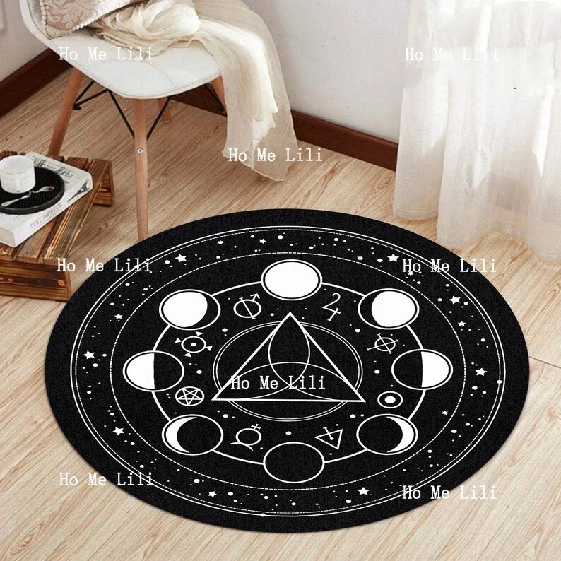 Moon Phases Divination Round Rug Alchemy Magic Circle Carpet Witch Gothic Rug Rock Goth Home Decor