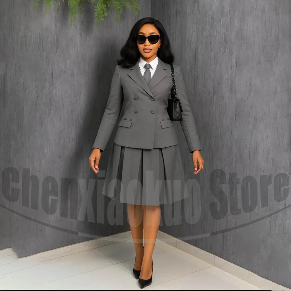 Women Formal Wear Shirt And Pant - Women Double Breasted Blazer Pleated Skirt