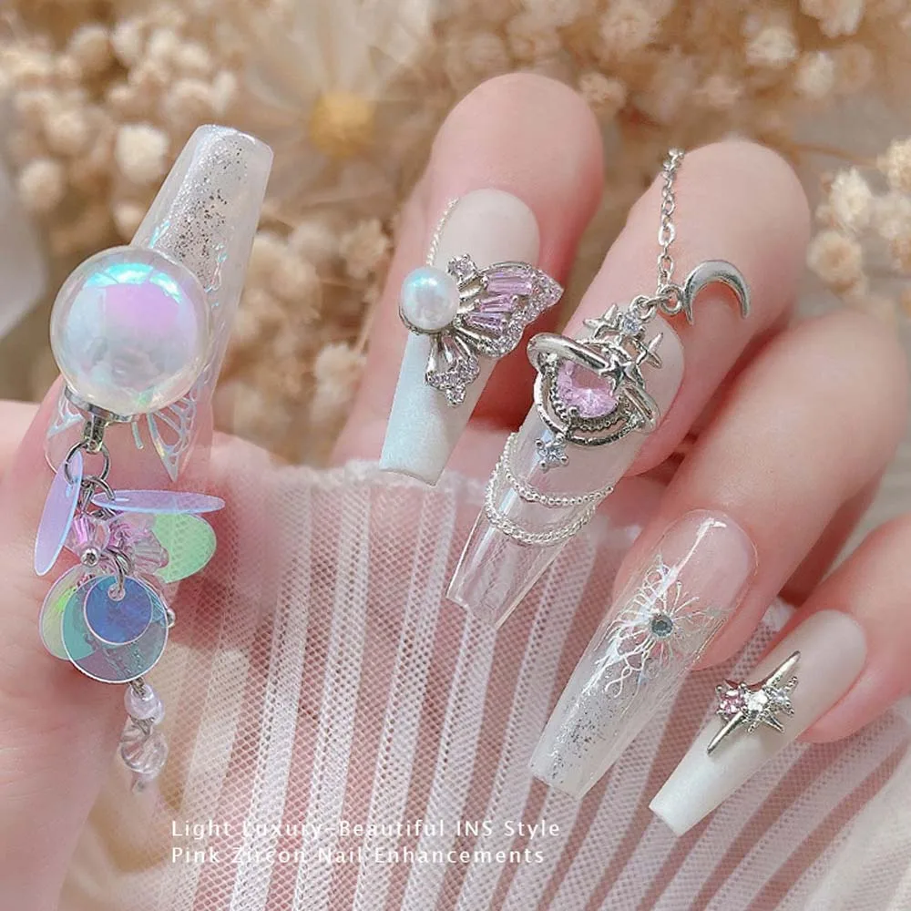 5pcs Pink Zircon Love Nail Art Charm 3D Alloy Star Moon Bow Metal Silver Nails Decorations DIY Simple Style Manicure Accessories