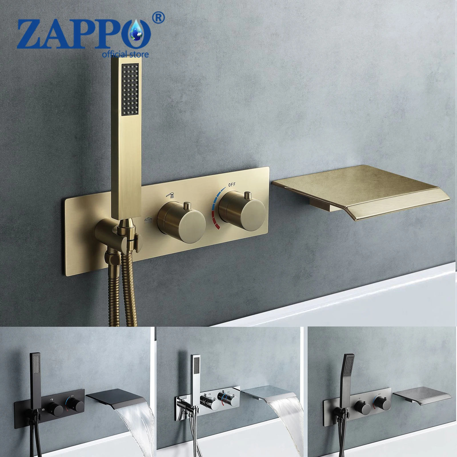 

ZAPPO Brushed Gold Bathtub Faucet Bath Tub Faucet Set Waterfall Tub Filler with Handheld Sprayer Solid Brass Rough-in Valve Tap