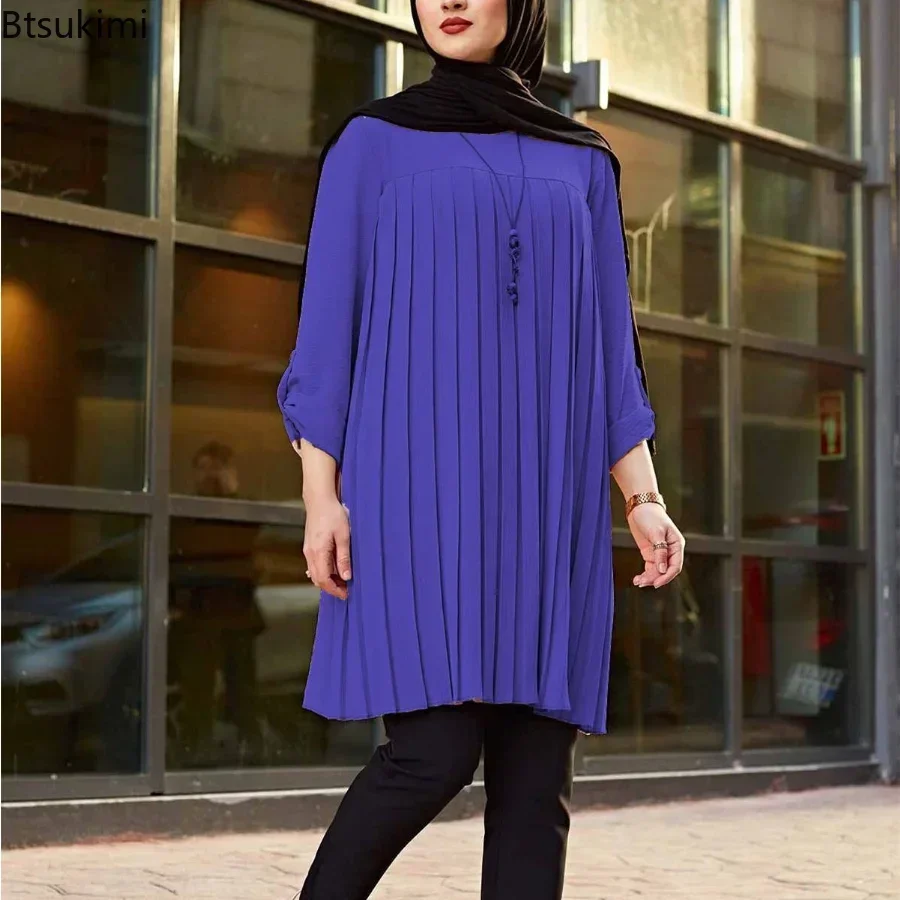 New 2024 Muslim Women\'s Blouse Shirt Adjustable Sleeve Women Fashion Top Islamism Blouses for Muslim Women Solid Oversized 5XL