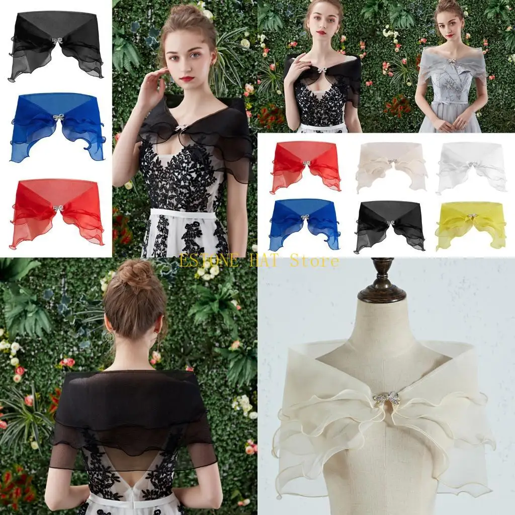 49MF Women Vintage Layered Gauze Shawl Wrap Shrug for Rhinestone Buckle Front Wedding Dress Cover Up Sexy Off Shoulder