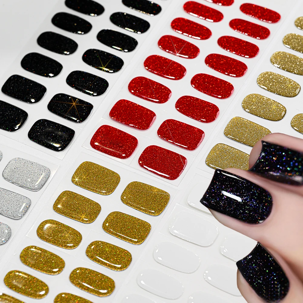 

16Tips Glitter Semi-Cured Gel Nail Sticker Pure Color UV/LED Lamp Gel Nail Polish Wraps Long-Lasting Full Cover Gel Nail Patches