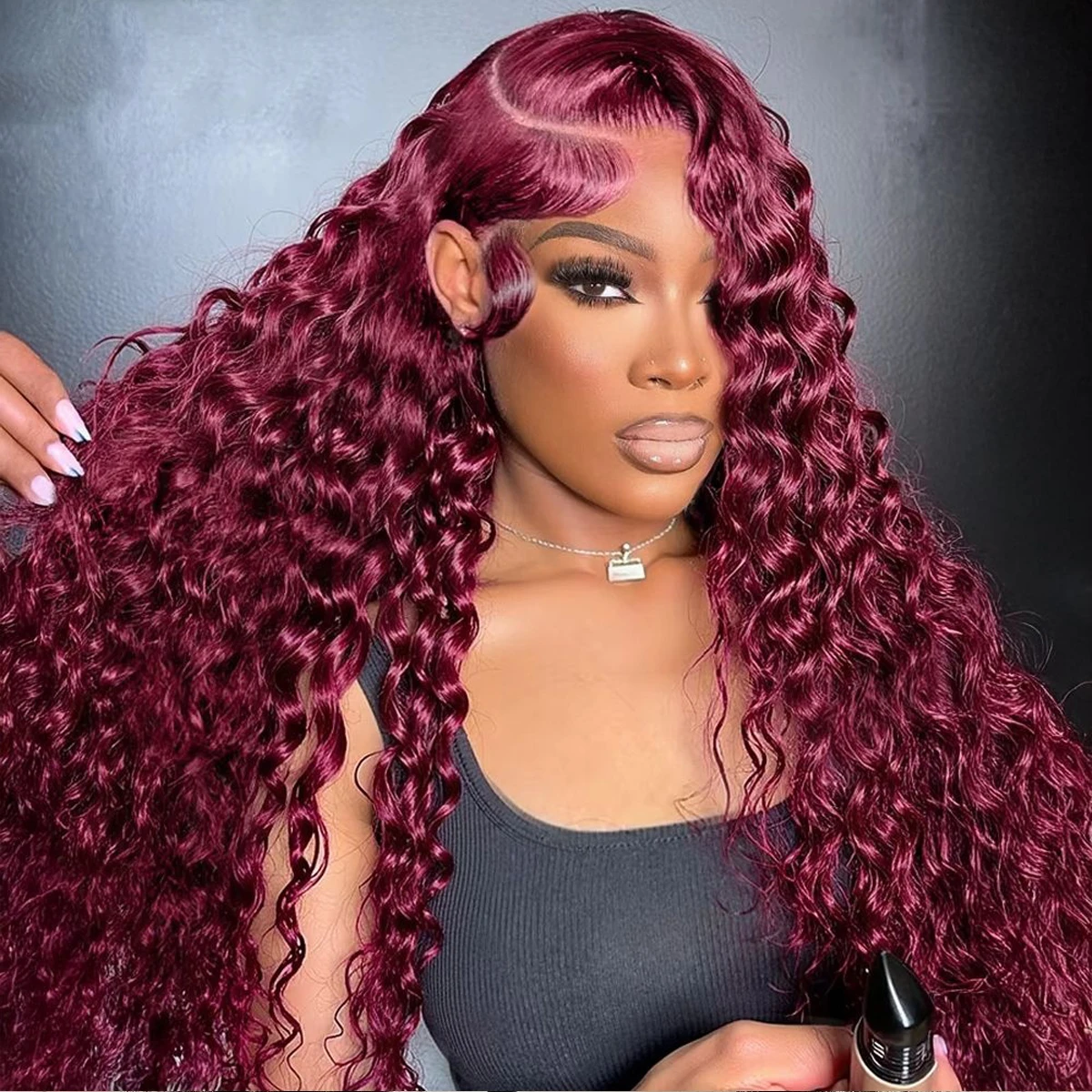 Wig Rambut Asli Burgundy 13x4 Hd Lace Frontal Deep Wave Curly Untuk Wanita, Wig Deep Wave Berwarna 99j Merah 13x4 HD Lace Frontal