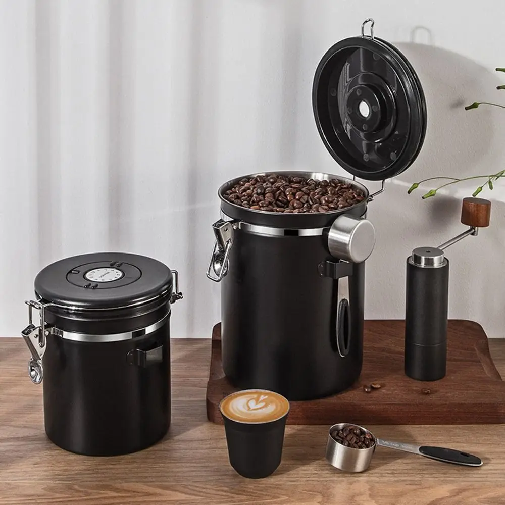 Stainless Steel Airtight Coffee Canister Measuring Scoop Date Tracker Beans Storage Container Clamp Lid Large Capacity