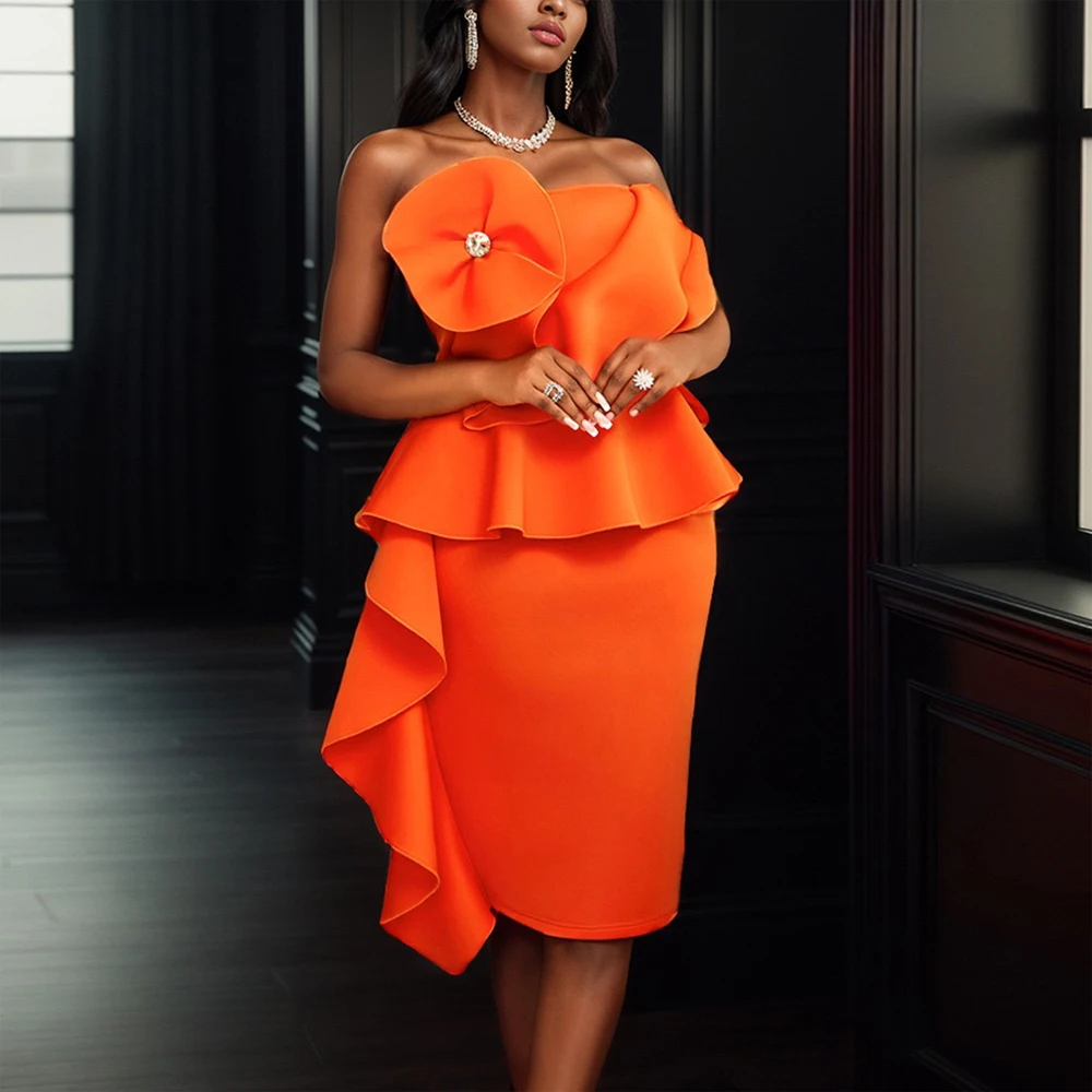 

Sexy Strapless Orange Dresses for Women Off the Shoulder Ruffles High Waisted Package Hips Mid Calf Elegant Birthday Party Dress