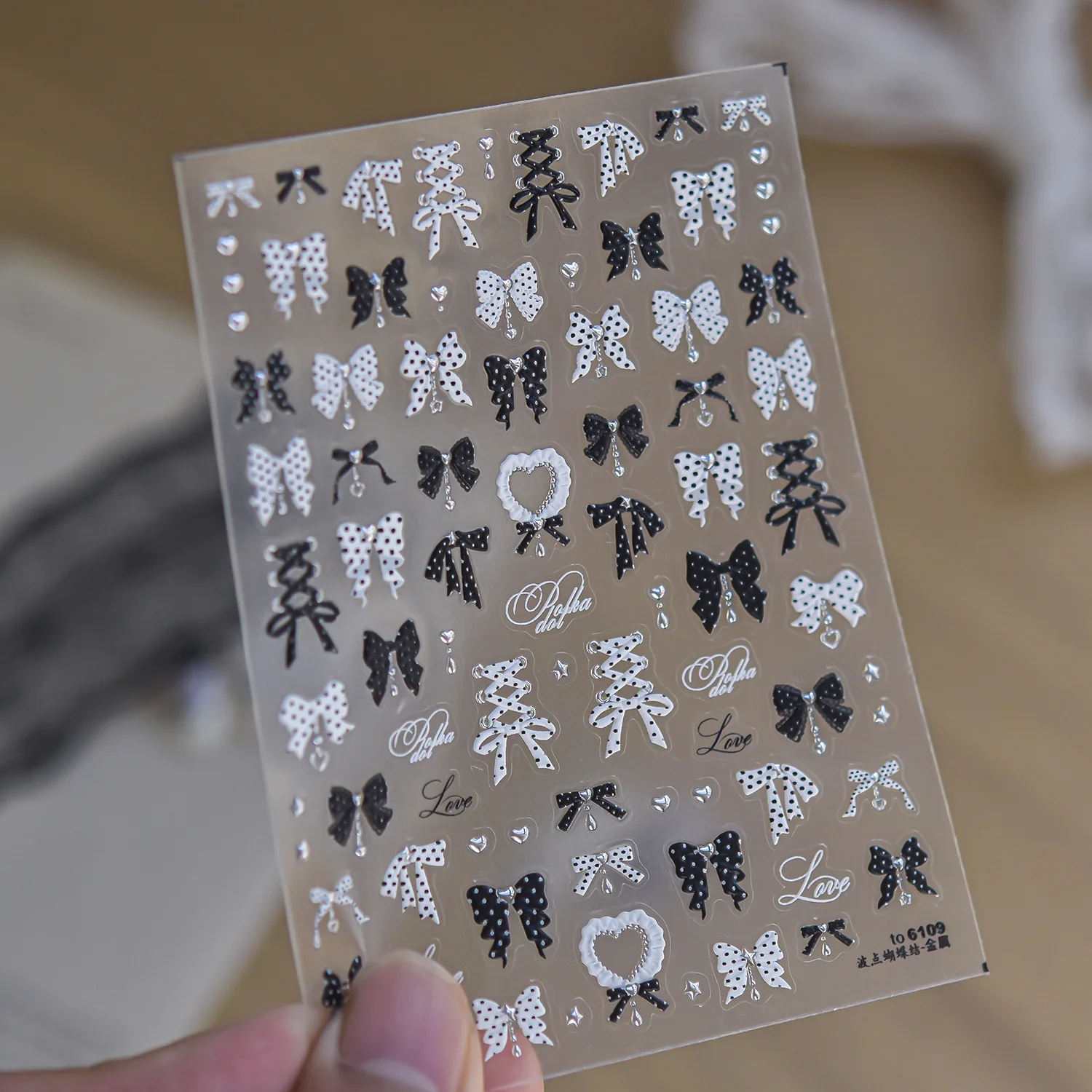 Y2K Sweet Ballet 5D Nail Stickers Black White Polka Dot Ribbon Bow‑knot Dolka Love Self‑Adhesive Nail Decal DIY Nail Decoration
