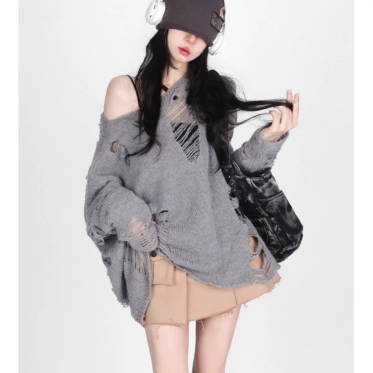 

Shoulder Hollowed Out Top Casual Lazy Pullover Loose Knit Women's Autumn Hollowed Out Sweater Long Sleeve Women's Trend