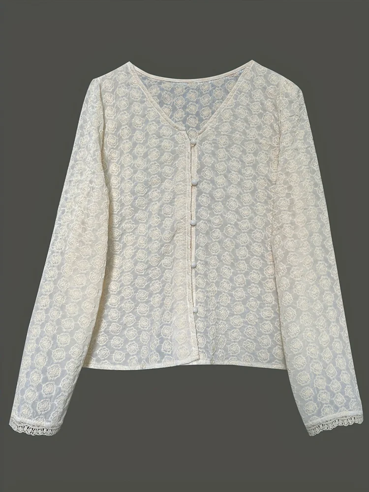 Camicie da donna monopetto trasparenti in rete di nuova moda Camicetta da donna casual elegante a maniche lunghe con scollo a V Top da donna da ufficio