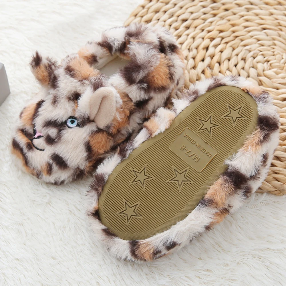 ToddlerGirl Slippers Boy Cartoon Leopard Plush Warm Shoe Kid Winter House Shoes Soft Rubber Sole Home Indoor Footwear Baby Items