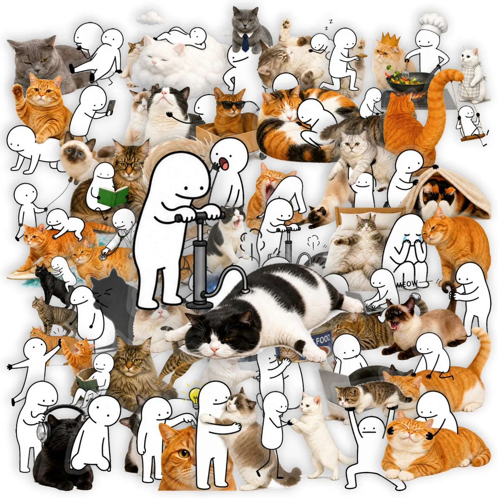 50 PCS Funny Simple Line Drawing And Cat Expression PET Stickers Waterproof Transparent Decals Decorate Phone Laptop Scrapbook