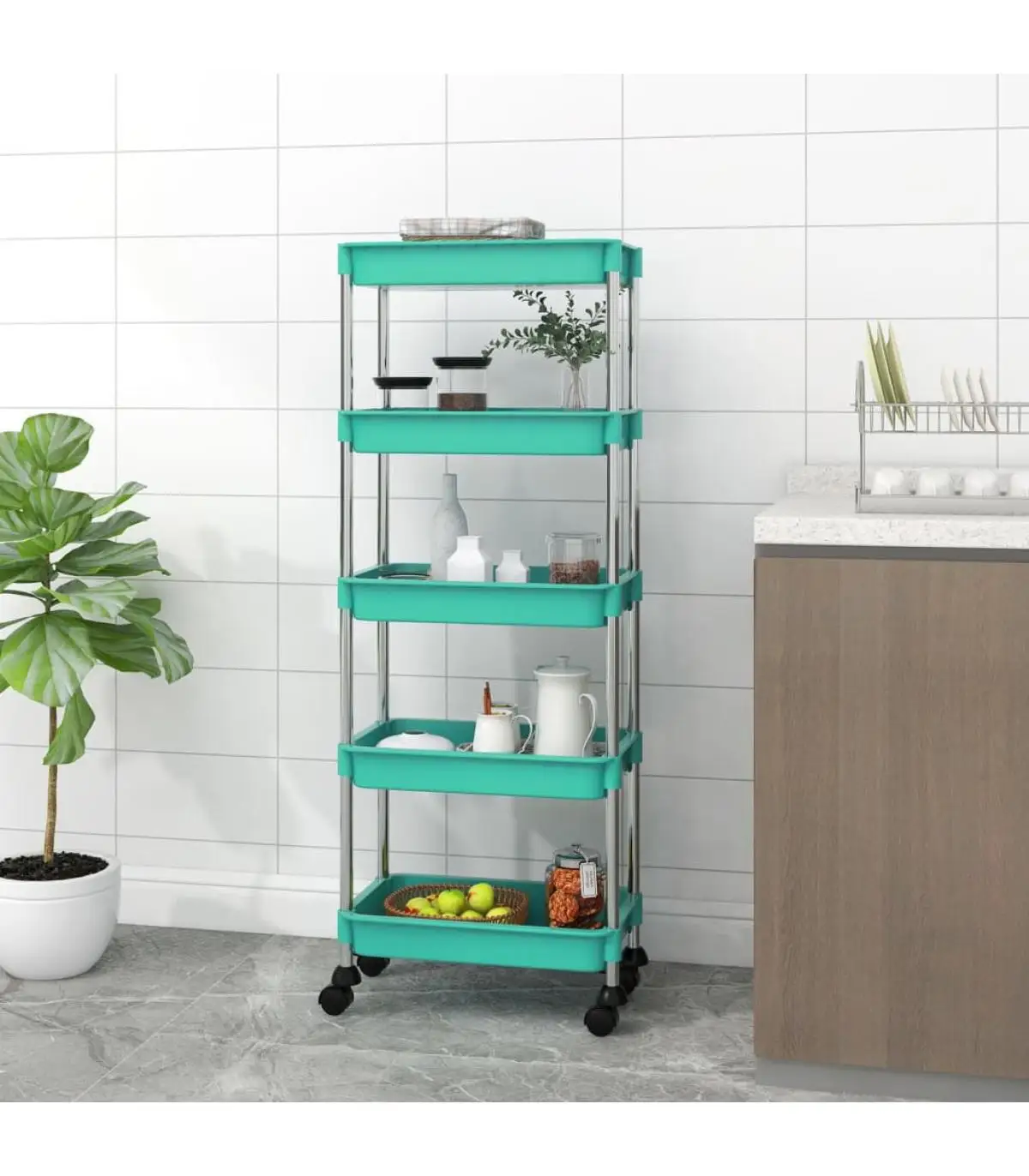 Kitchen and dining carts kitchen trolley 5 levels iron and ABS turquoise 40x22x116 cm