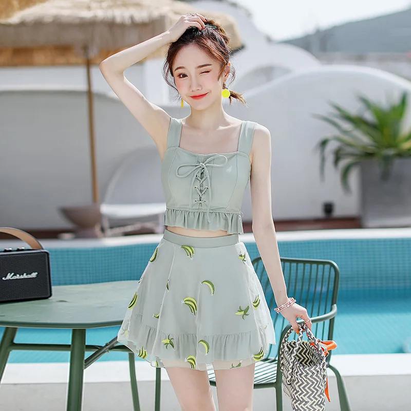 

2023 New Banana Print Swimsuit Women's Solid Color Korean Skirt Style Slimming Hot Spring Seaside Holiday Women's Swimwear