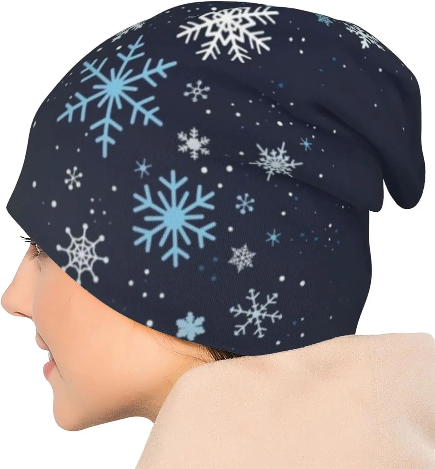 Christmas Hats Snowflakes Blue Beanie Standard Closed Chemo Knitted Hats Baggy Slouchy Skull Cap Cancer Headwear for Women M
