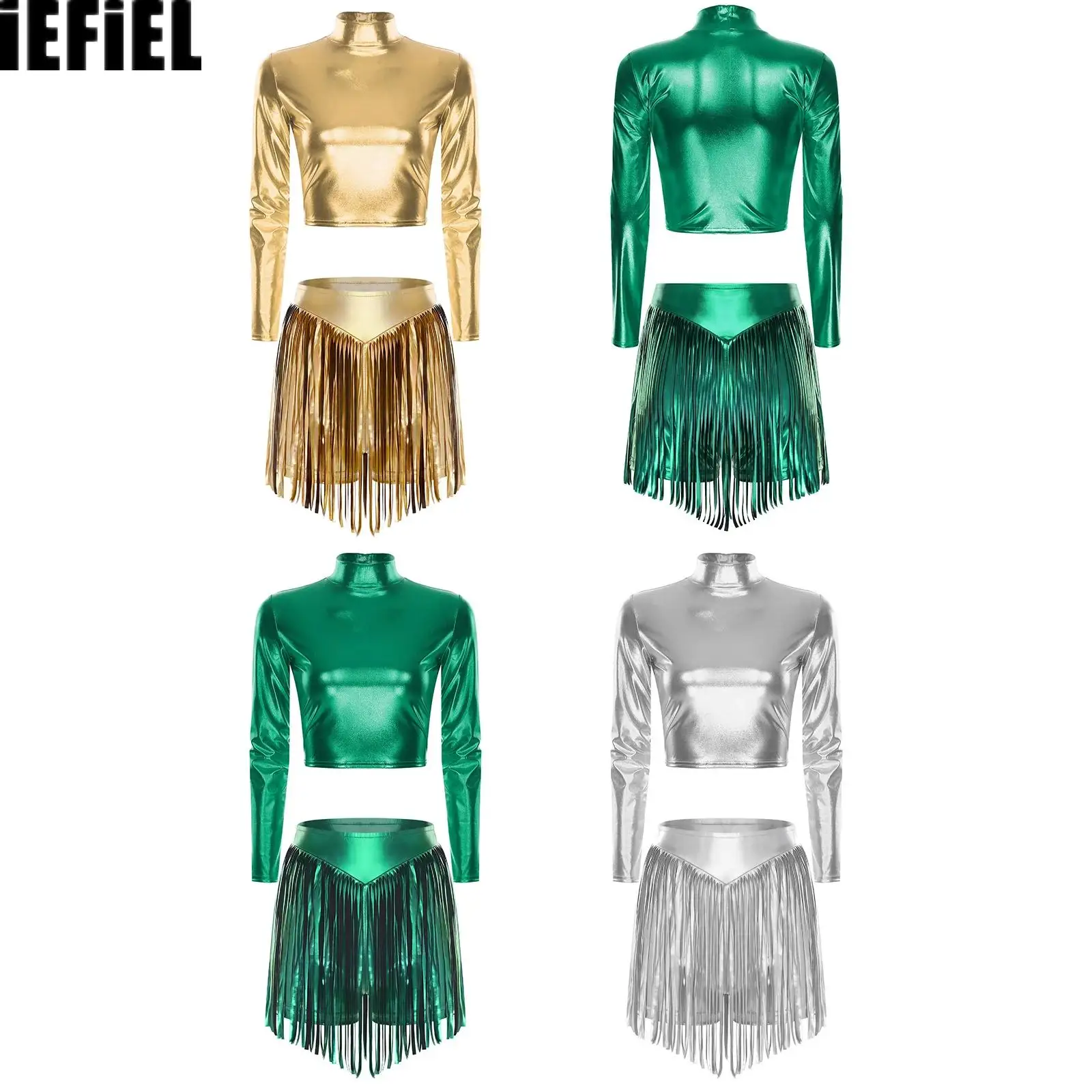 

Womens Metallic Shiny Jazz Outfits Mock Neck Long Sleeve Crop Top And High Waist Fringed Hot Pants for Stage Rock Club