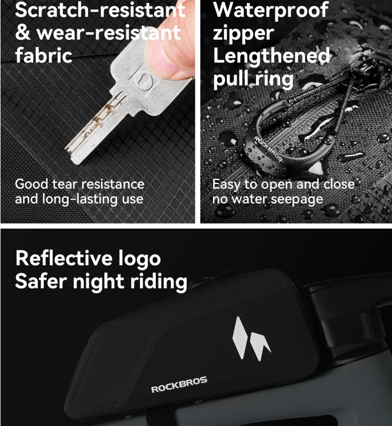 

ROCKBROS Bicycle Waterproof Upper Tube 1.0L Practical Capacity Nylon Fabric Waterproof Zipper Side Reflective Strip Bike Bag
