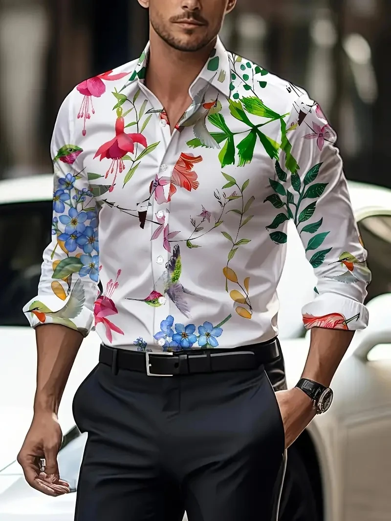 2025 Luxury Men's Floral Print Button Down Shirt Autumn Slim Fit Long Sleeve Collared Shirt Plus Size Men's Lapel Blouse Clothes