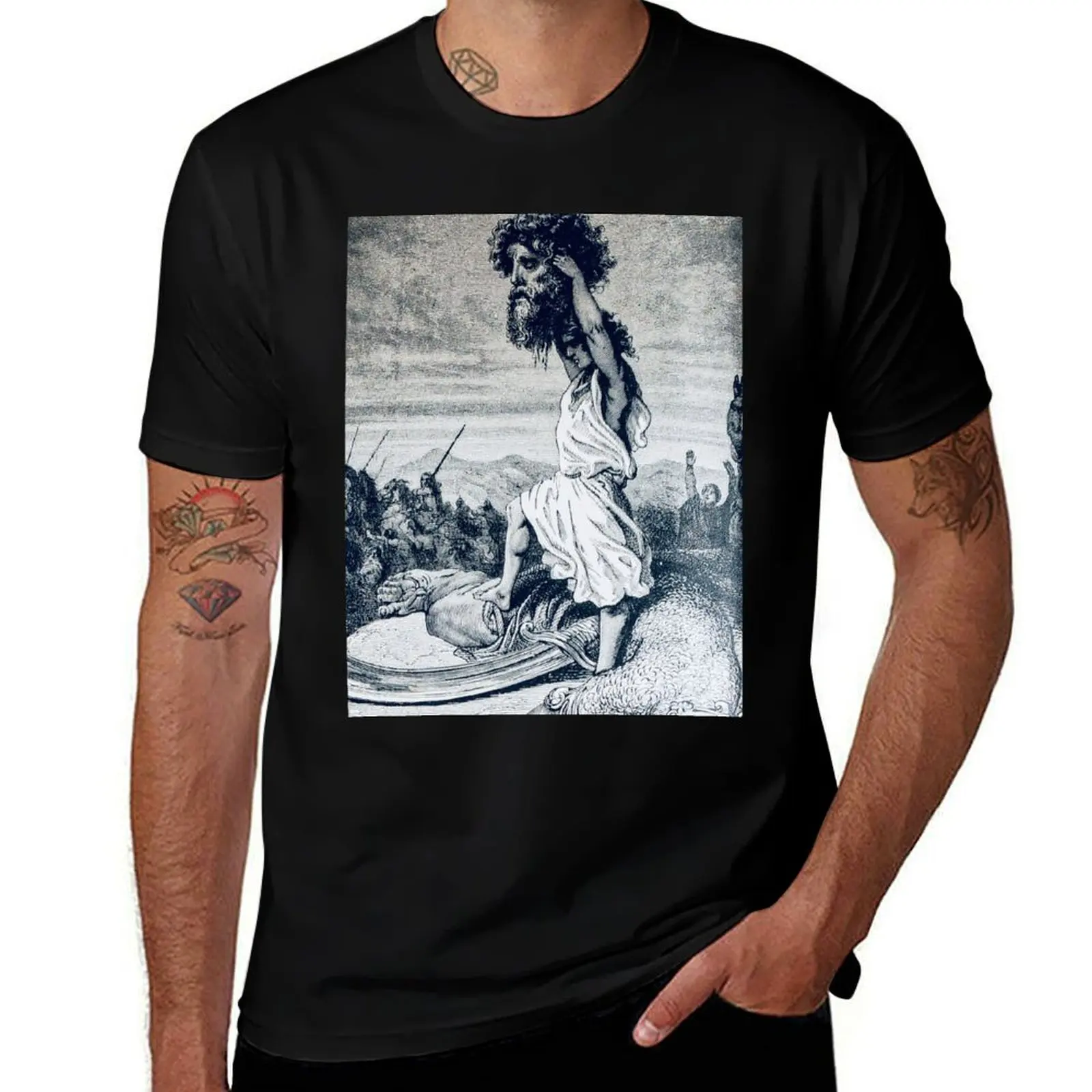 David and Goliath - 1885 Holy Bible Illustration T-Shirt Big Size Short Sleeve Casual Top