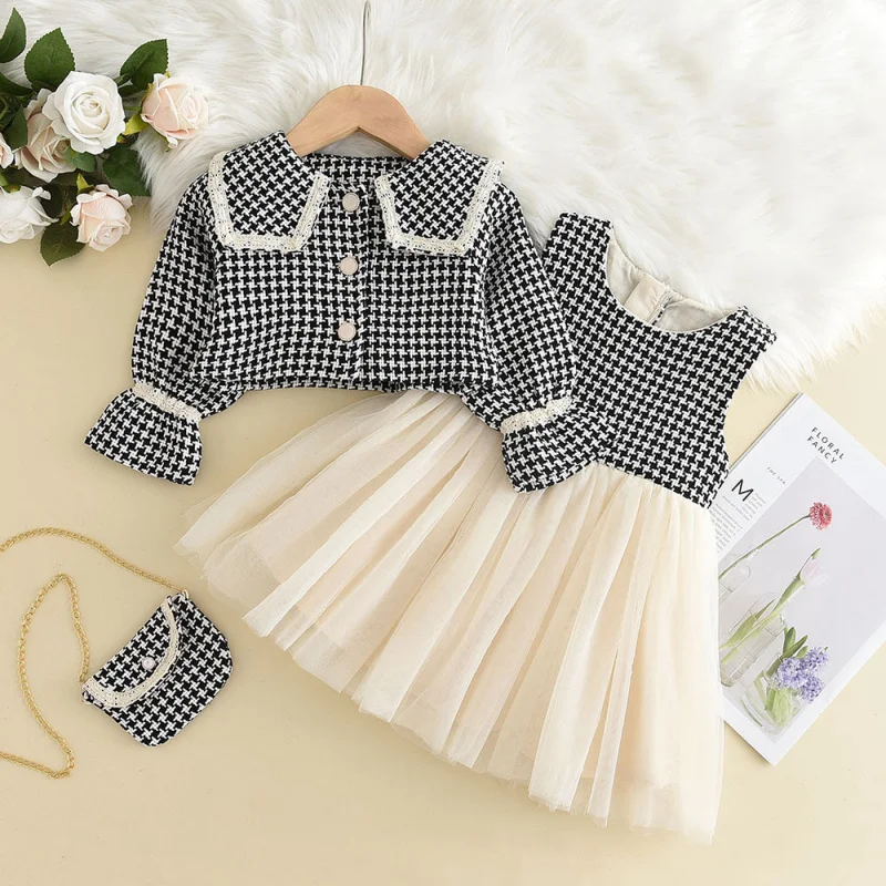 

Girls' Set Houndstooth Large Lapel Coat Patchwork Mesh Princess Dress Baby Girl Autumn Winter Children's Clothing