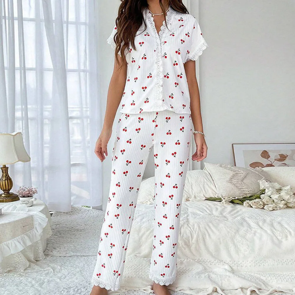 

Womens Lace Trim Short Sleeve Top Long Pants For Cherry Print 2 Piece Pajama Set Summer Pajamas Breathable Underwear