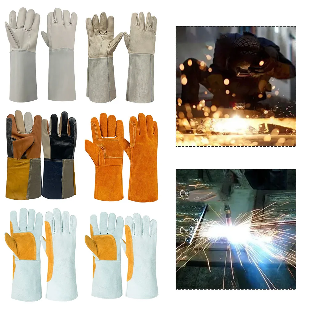 1 par 34-40cm guantes de soldadura guantes de cuero resistentes al fuego y al calor guantes de jardín guantes protectores guantes de soldadura de cuero herramientas CNC