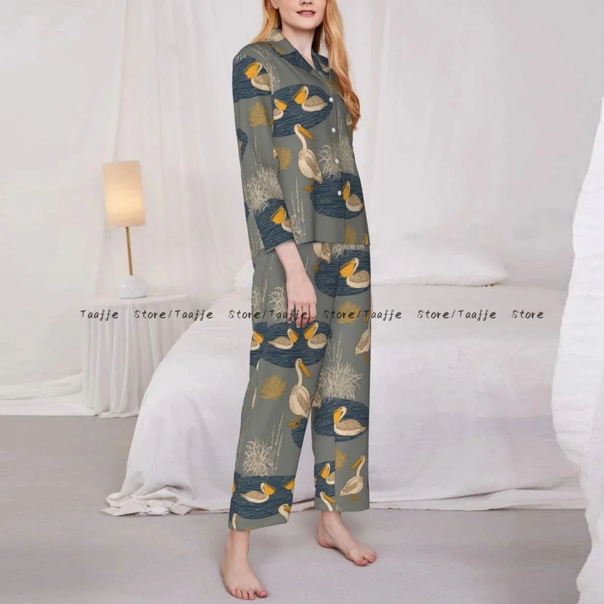 Spring and Autumn Pajama Set Women's Long Sleeve Pants Two Piece Hand Drawn Pelican And Reeds Home Furnishing Set