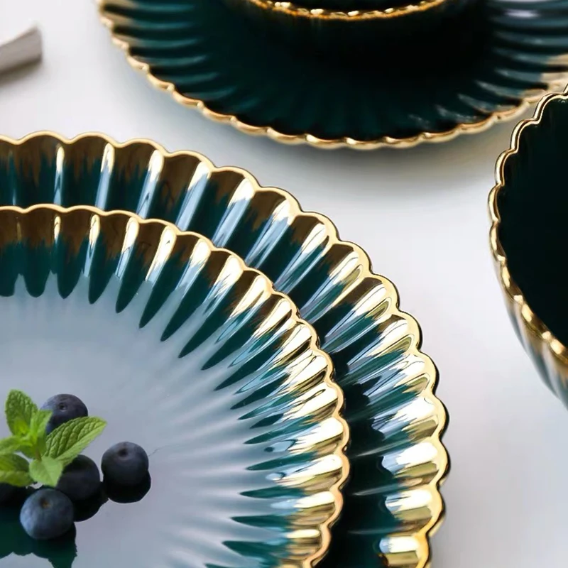 Green Ceramic Tableware Set Plates for Food Dinner Luxury Chrysanthemum Dishes Salad Soup Bowl Plates and Bowls Set Leaf Plates