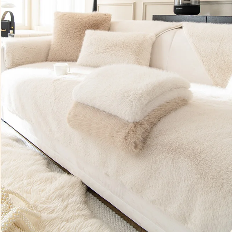 Winter Thick Sofa Towel Modern Fluffy Non-slip Plush Rabbit Wool Sofa Sitting Cushion Cover Slipcover Cushion Pad Towel 쇼파패드