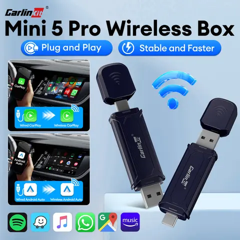 Mini 5 Pro CarlinKit 5.0 무선 CarPlay 및 Android Auto 무선 어댑터 2-in-1 스마트 카 박스 안정적이고 빠른 연결 USB 동글 듀얼 채널 유선 CarPlay 또는 Android Auto 자동차에 적합